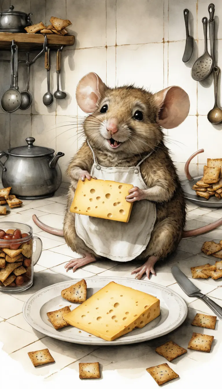 Playful fat mice laughing and hugging in a cozy kitchen