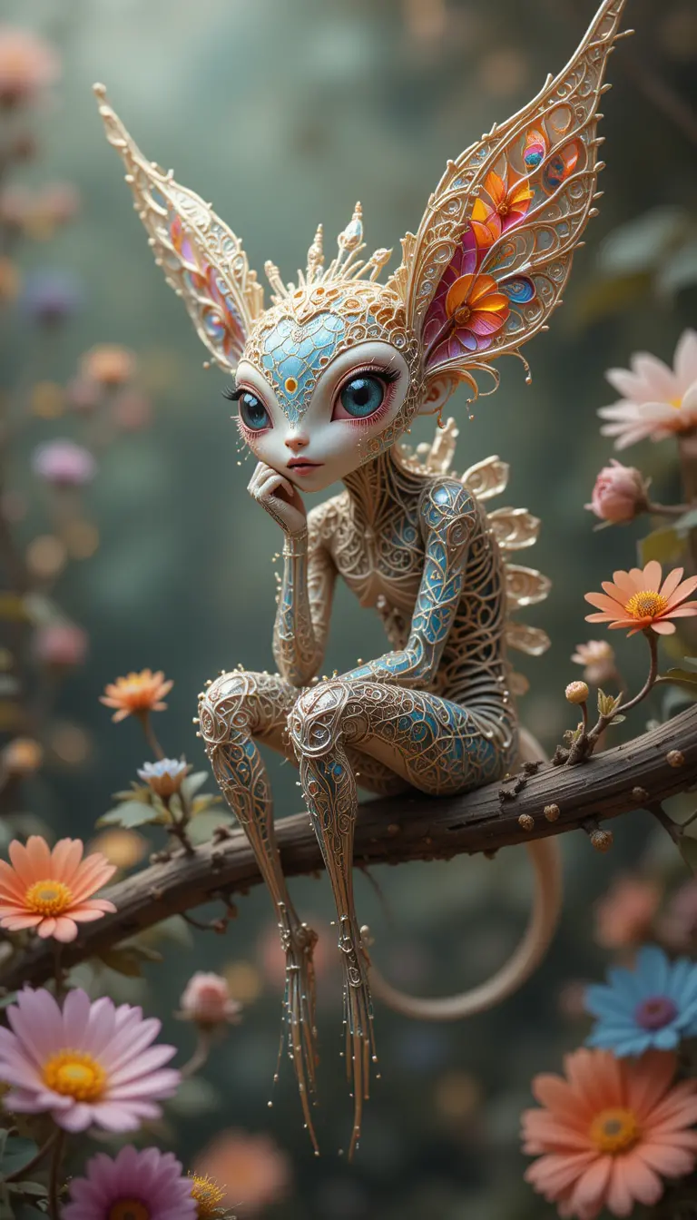 Whimsical fantasy creature with filigree ears on a branch