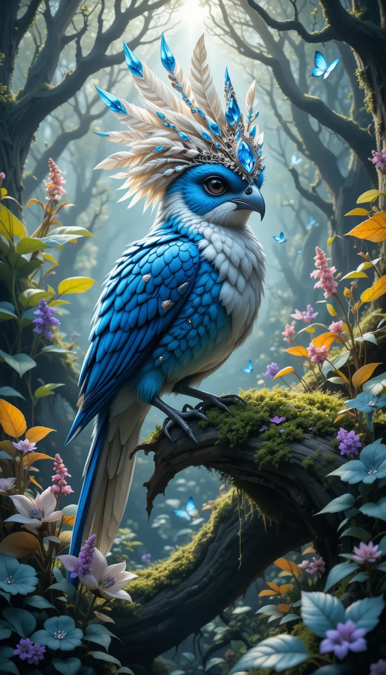 Majestic fantasy bird on mossy branch in enchanted forest