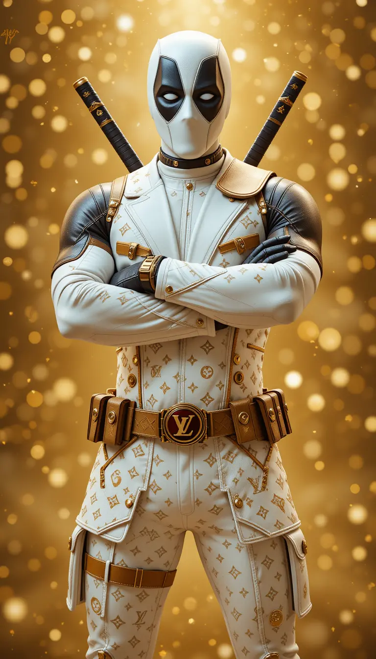 Deadpool In Luxurious White Suit With Golden Background