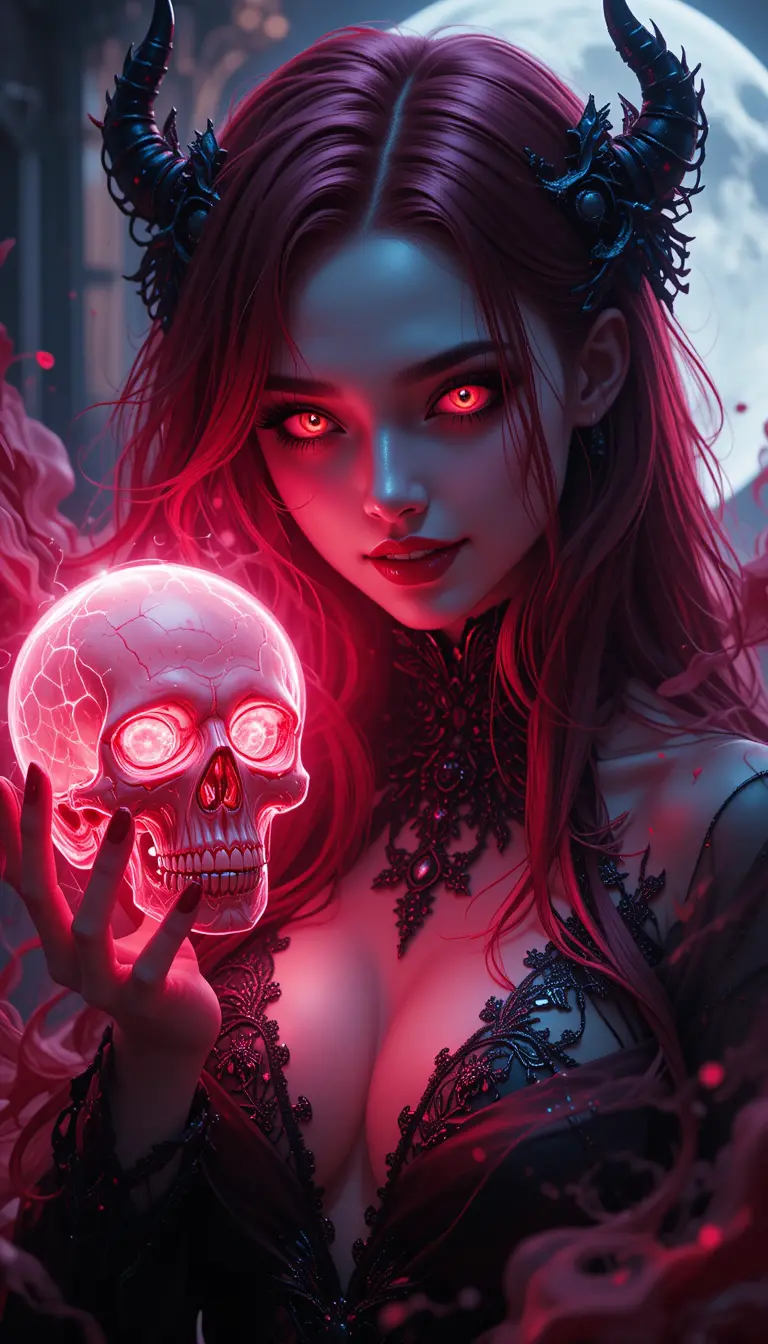 Dark anime woman with red hair under moonlight