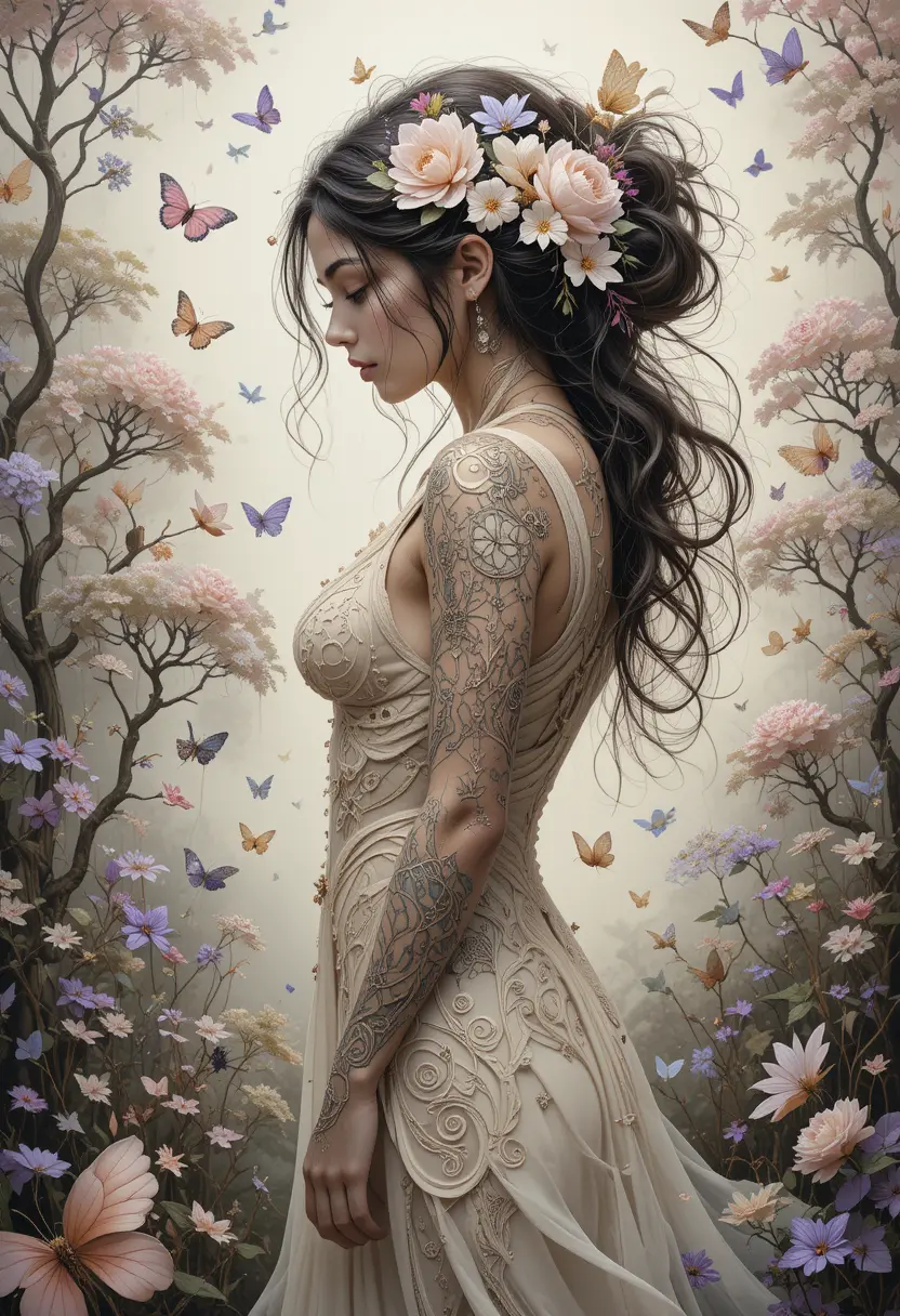 Mujer tatuada mística en un paisaje de bosque encantado