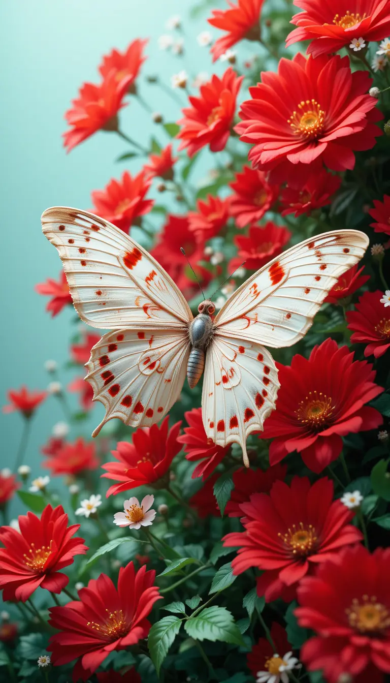 White and red butterfly resting among vivid red flowers