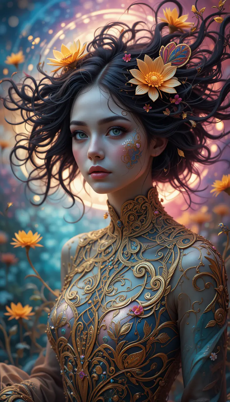 Mystical woman with golden paisley flowers in curly hair