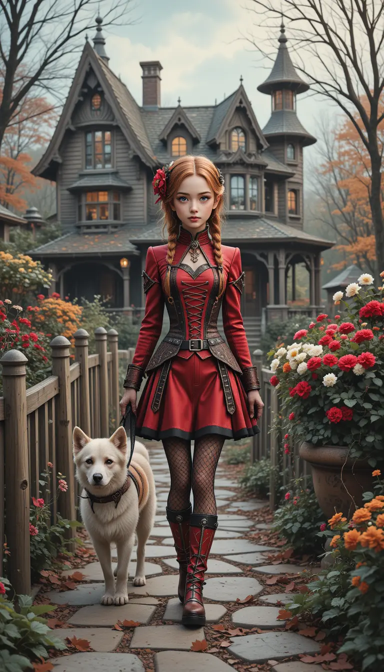 Young girl in red steampunk attire walking with dog