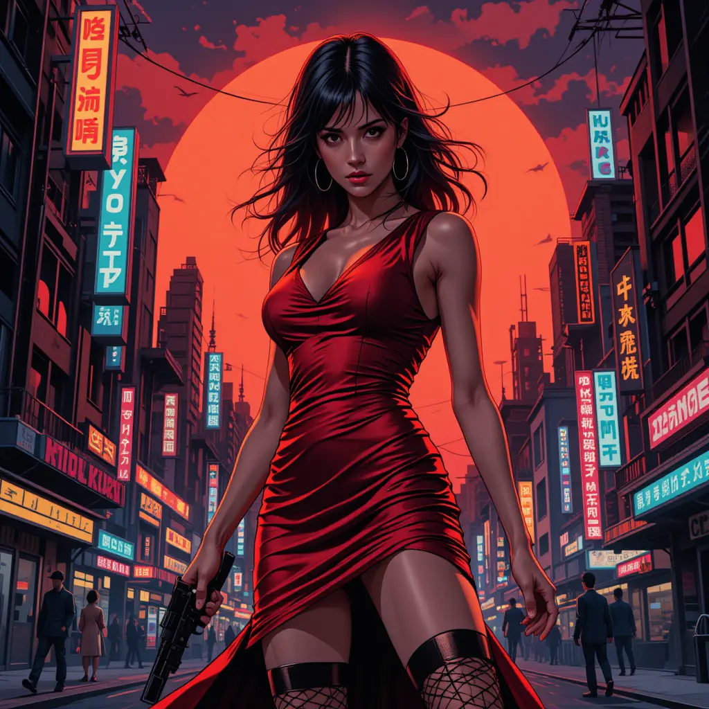 Femme fatale warrior in red dress in neon city