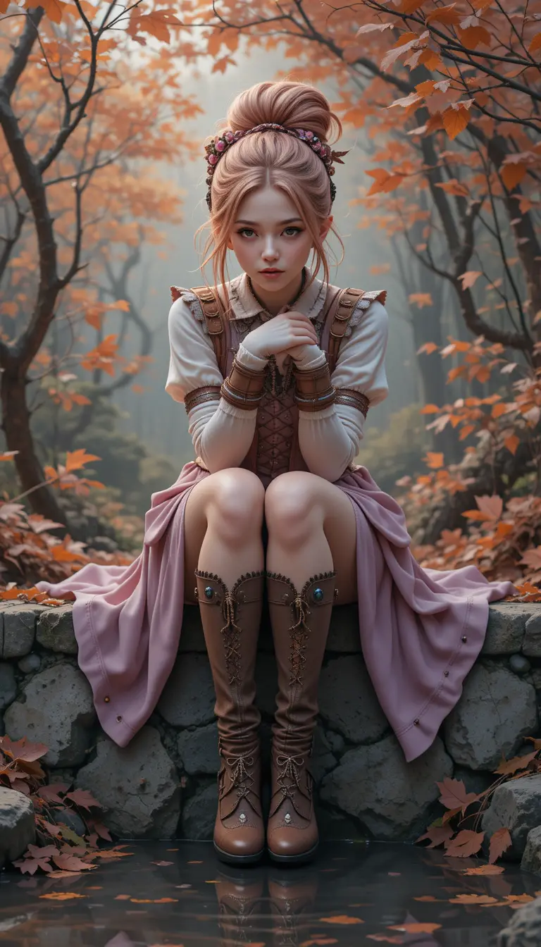 Steampunk girl on stone ledge in autumn forest scene