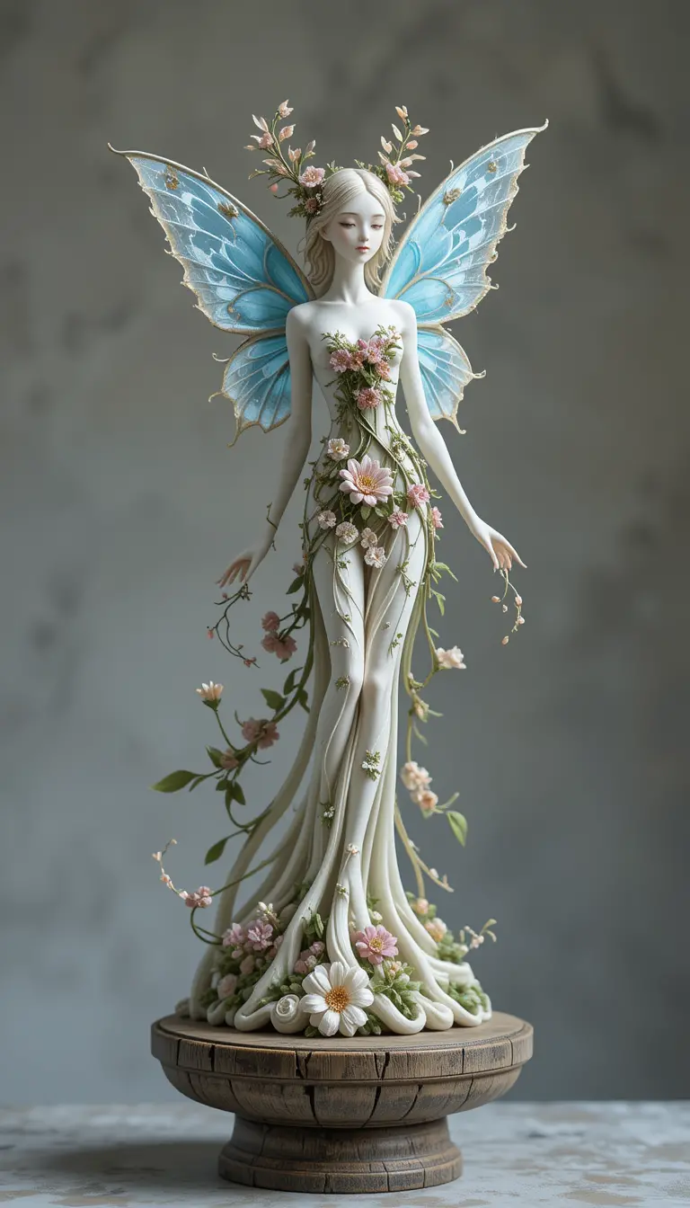 Ethereal Fairy Statue With Flowers And Blue Wings