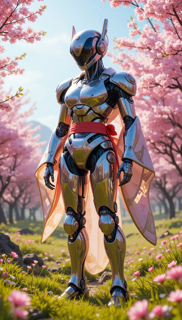 Futuristic robot in kimono under blooming cherry blossoms