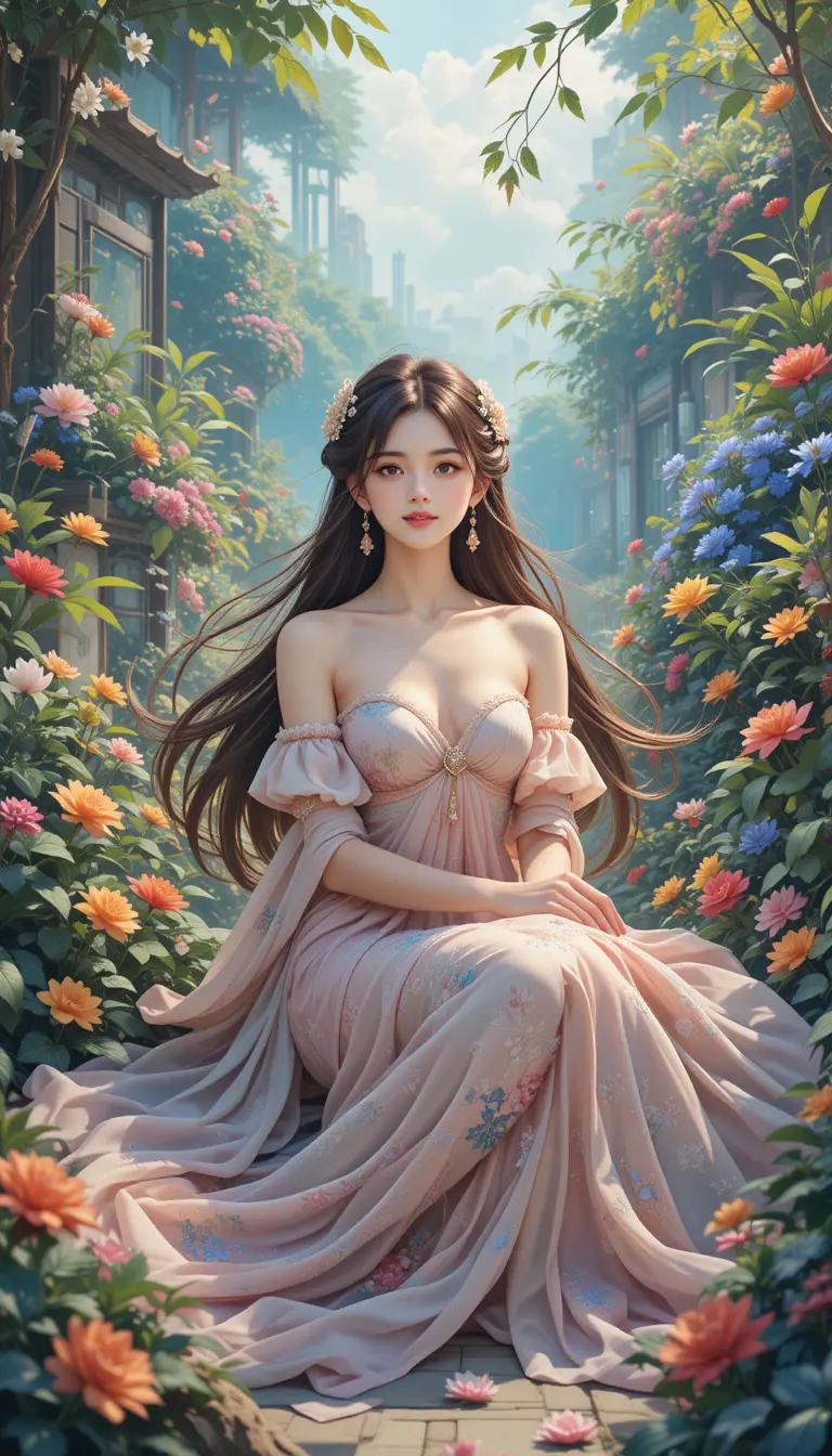 Graceful anime girl in a tranquil flower garden