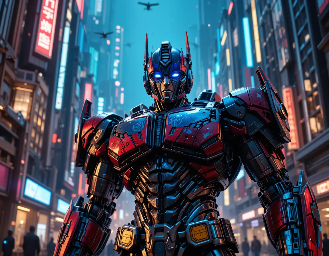 Optimus Prime In A Neon Cybertron Futuristic Cityscape