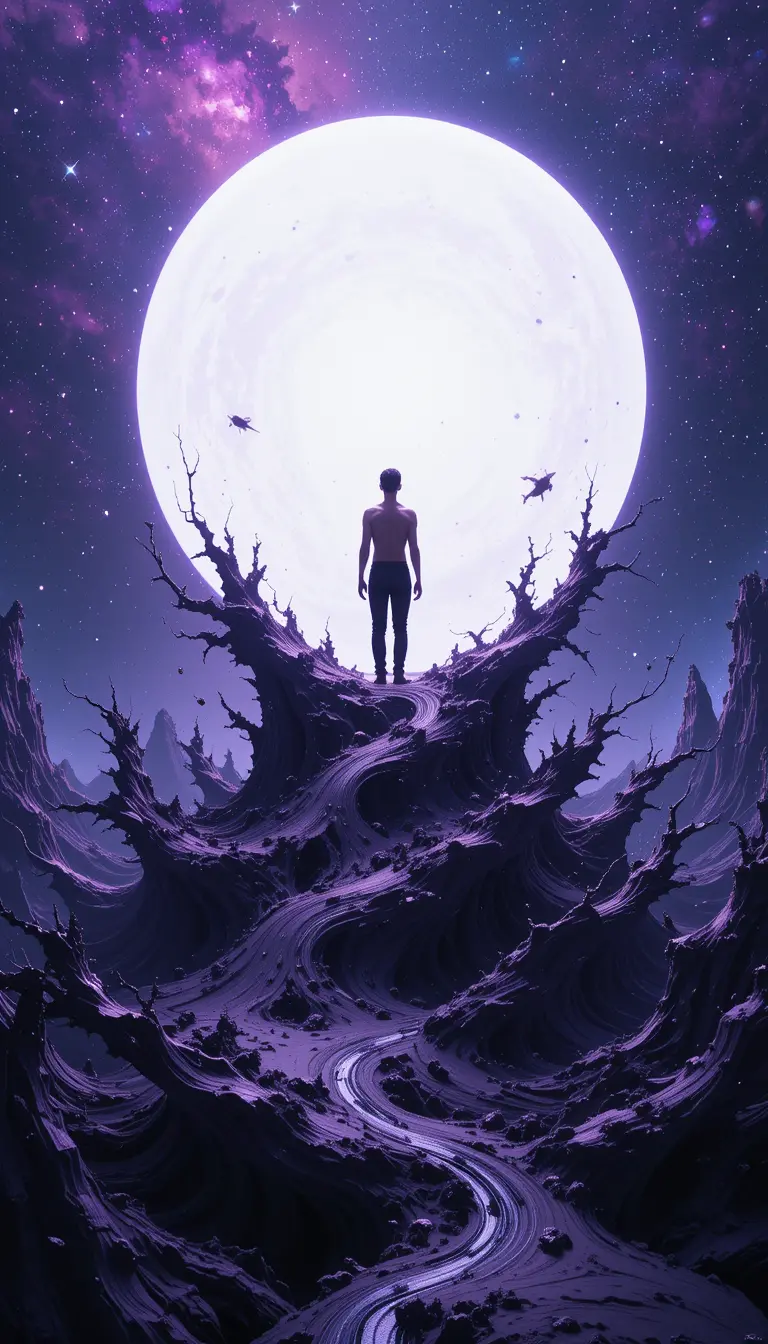 Man Standing On Surreal Cosmic Purple Landscape