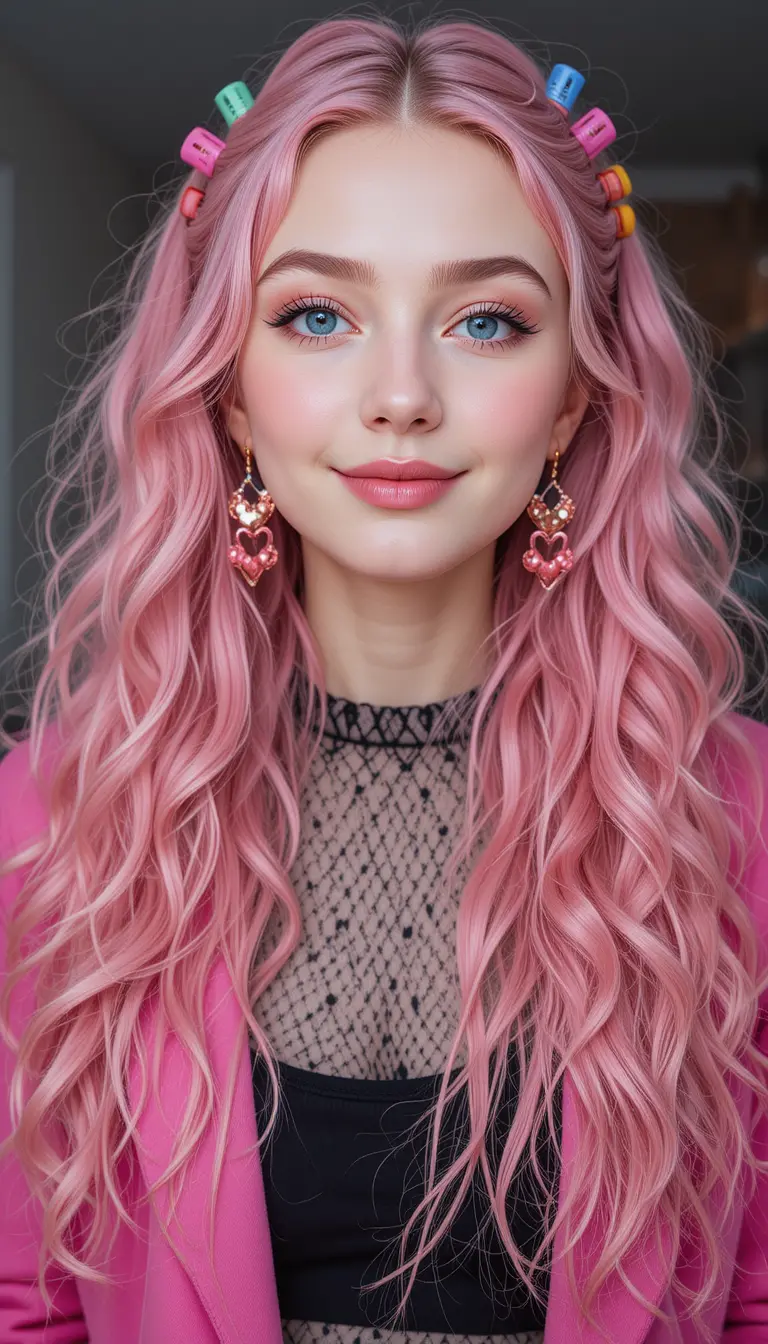Smiling girl with long curly pink hair and earrings