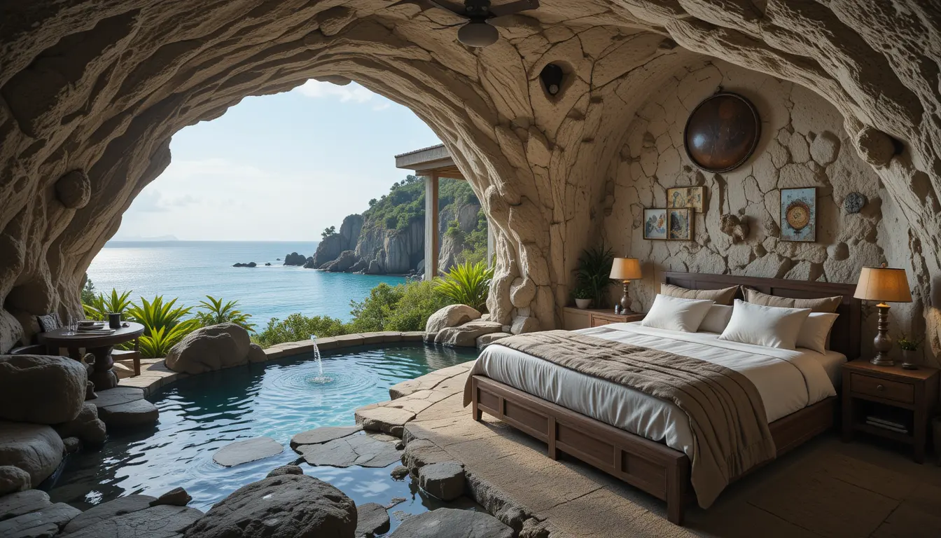 Cozy cave bedroom with ocean view and rock pool