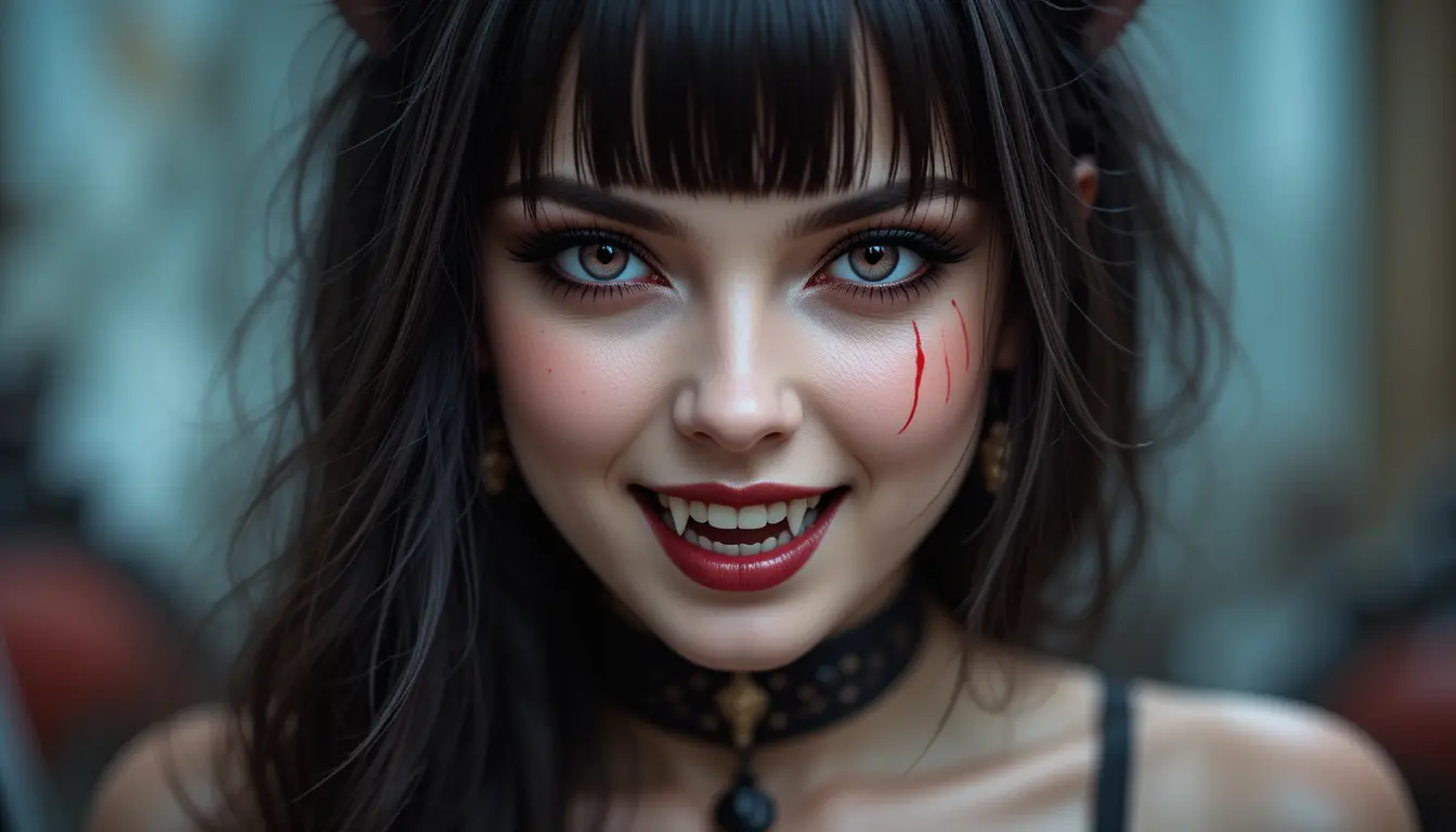 Vampire cat woman portrait with red eyes and fangs