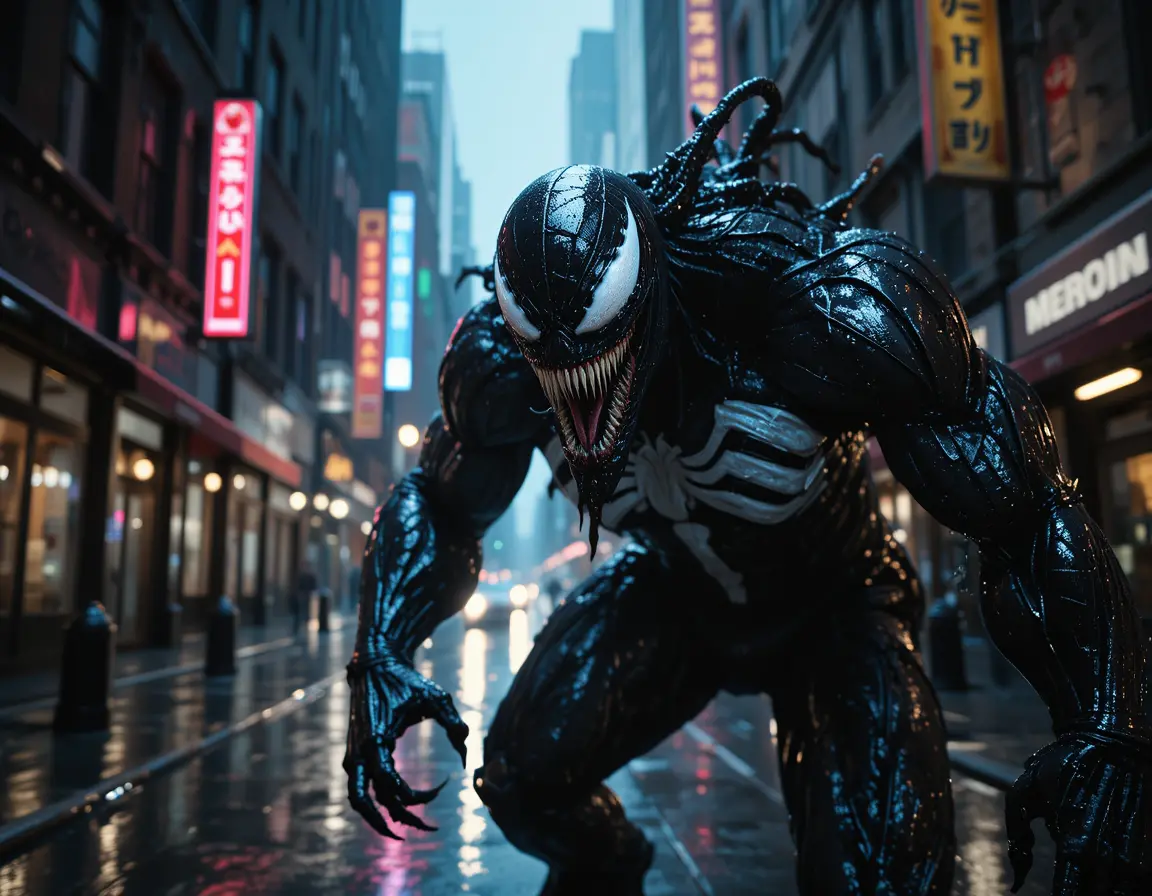 Monstrous Symbiote Creature In Rain Soaked City Alley