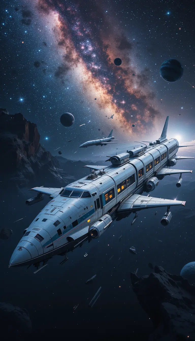 Train like spaceship flying through outer space and milky way