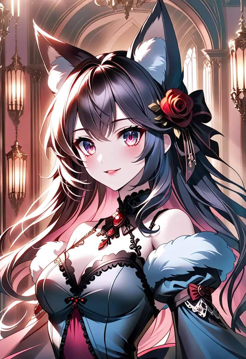 Gothic anime fashion girl in a moonlit victorian mansion