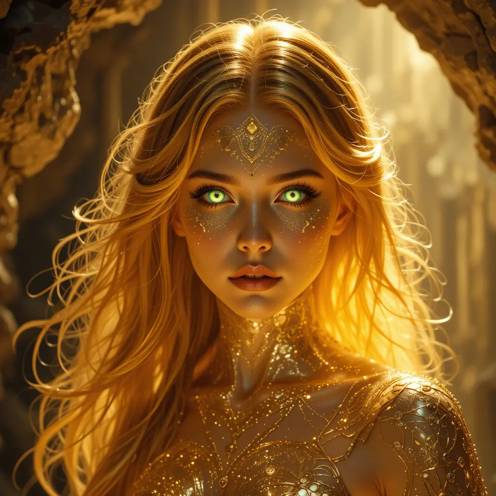 Golden woman with gem eyes in a luminous cave