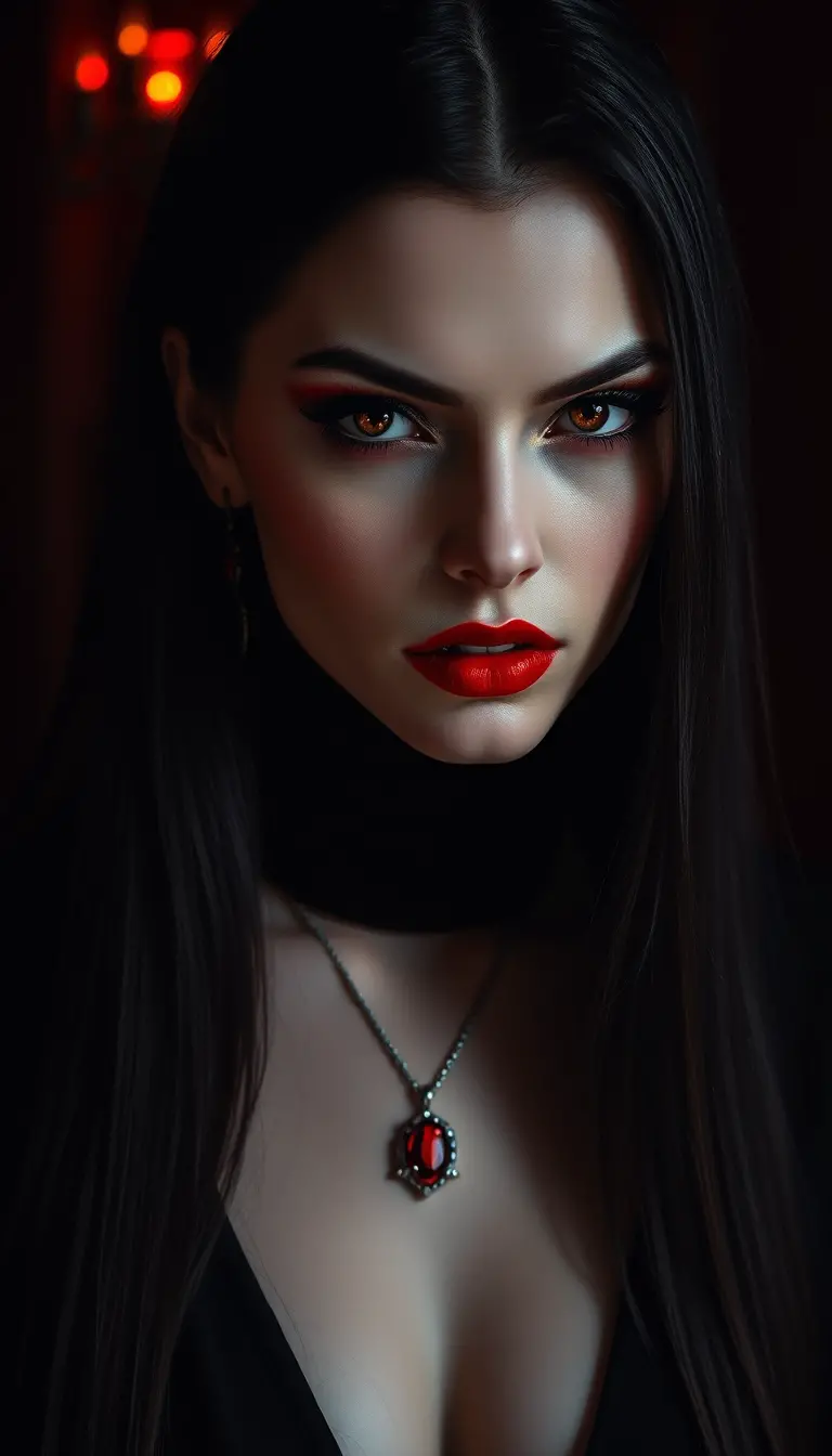 Enigmatic dark haired woman with crimson eyes portrait