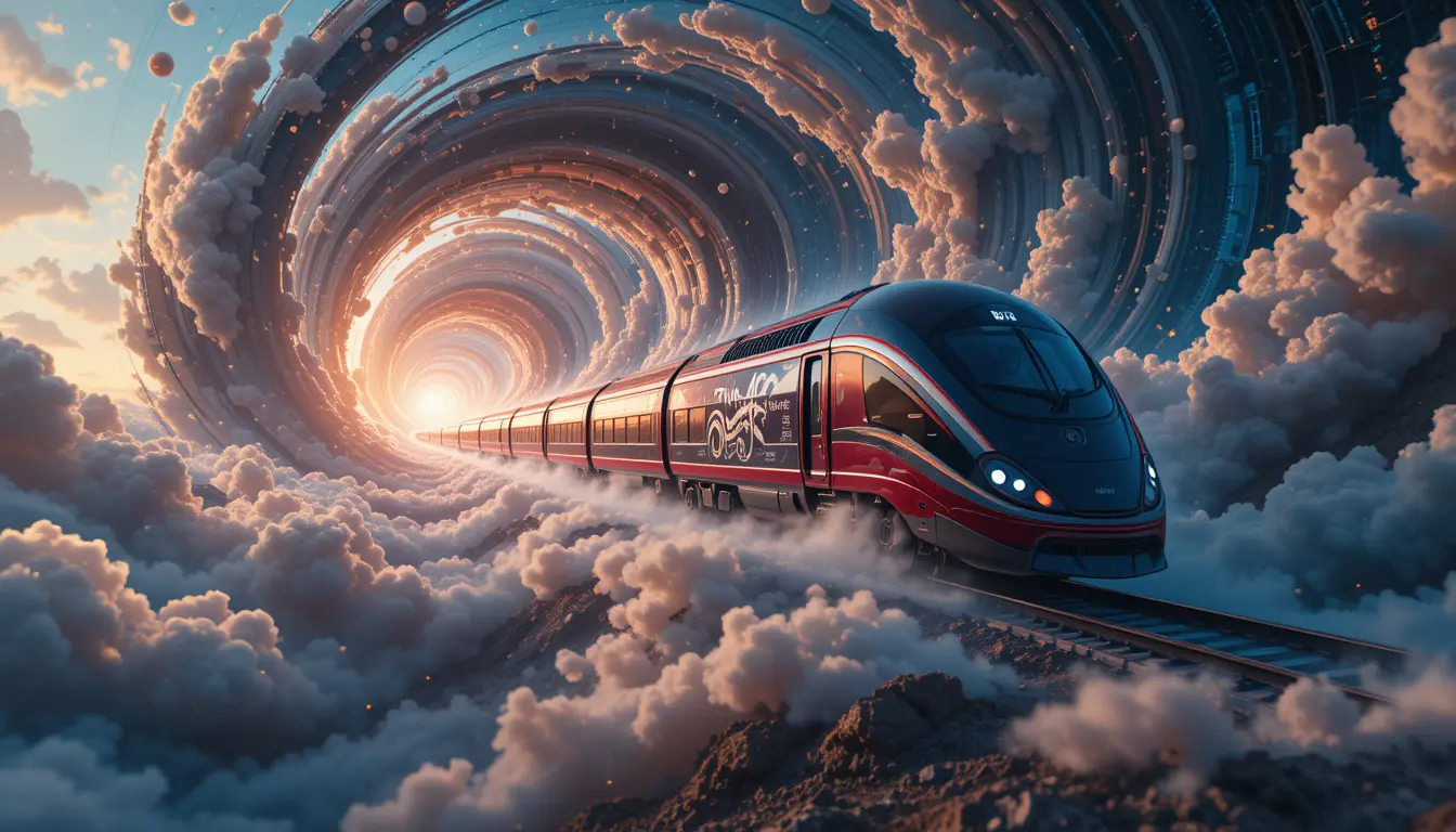 Futuristic train crossing a swirling time space vortex