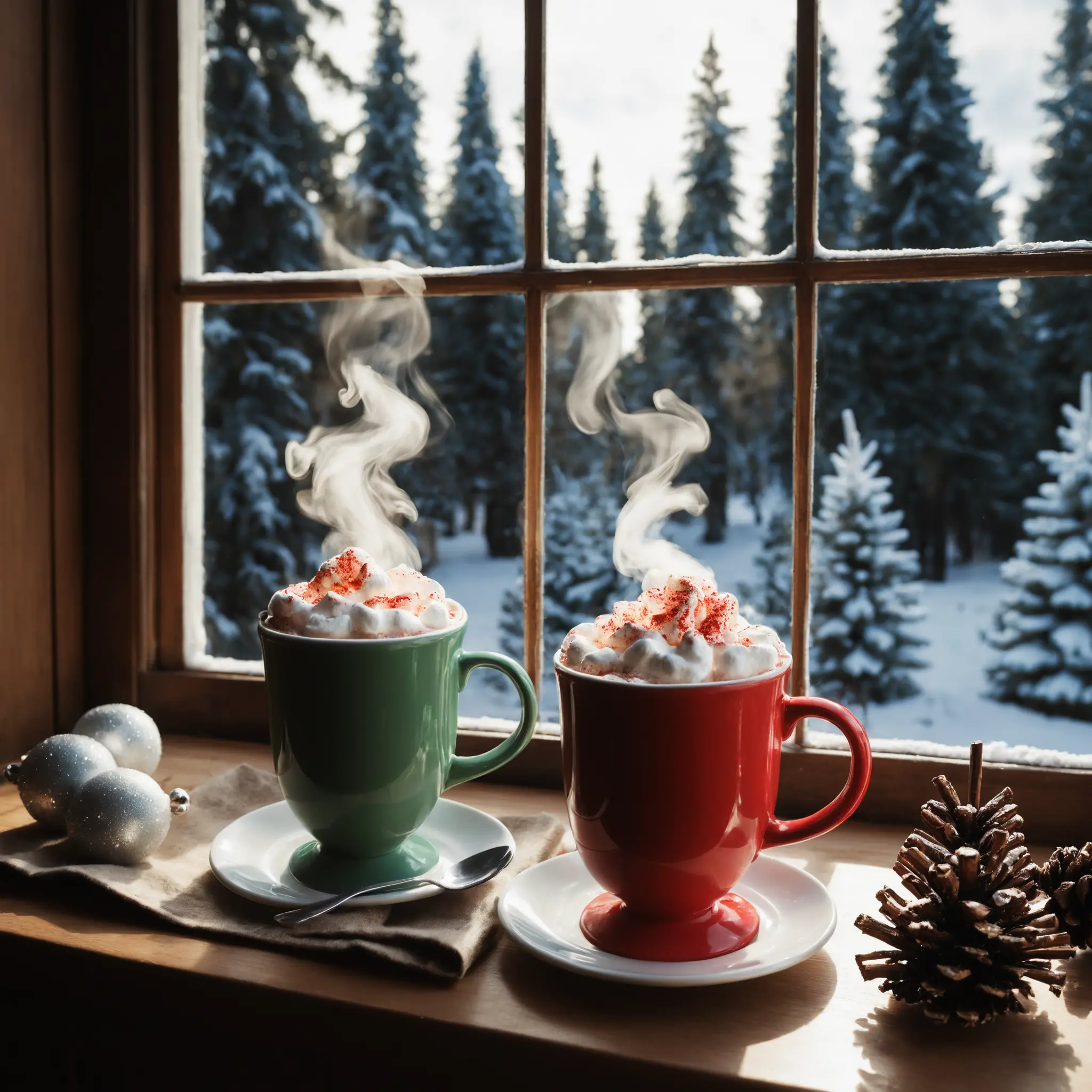 Cozy cup of hot cocoa by a bright christmas window