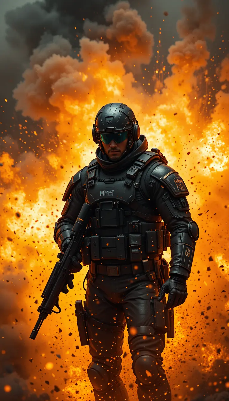 Battle hardened soldier standing amid swirling fiery explosion
