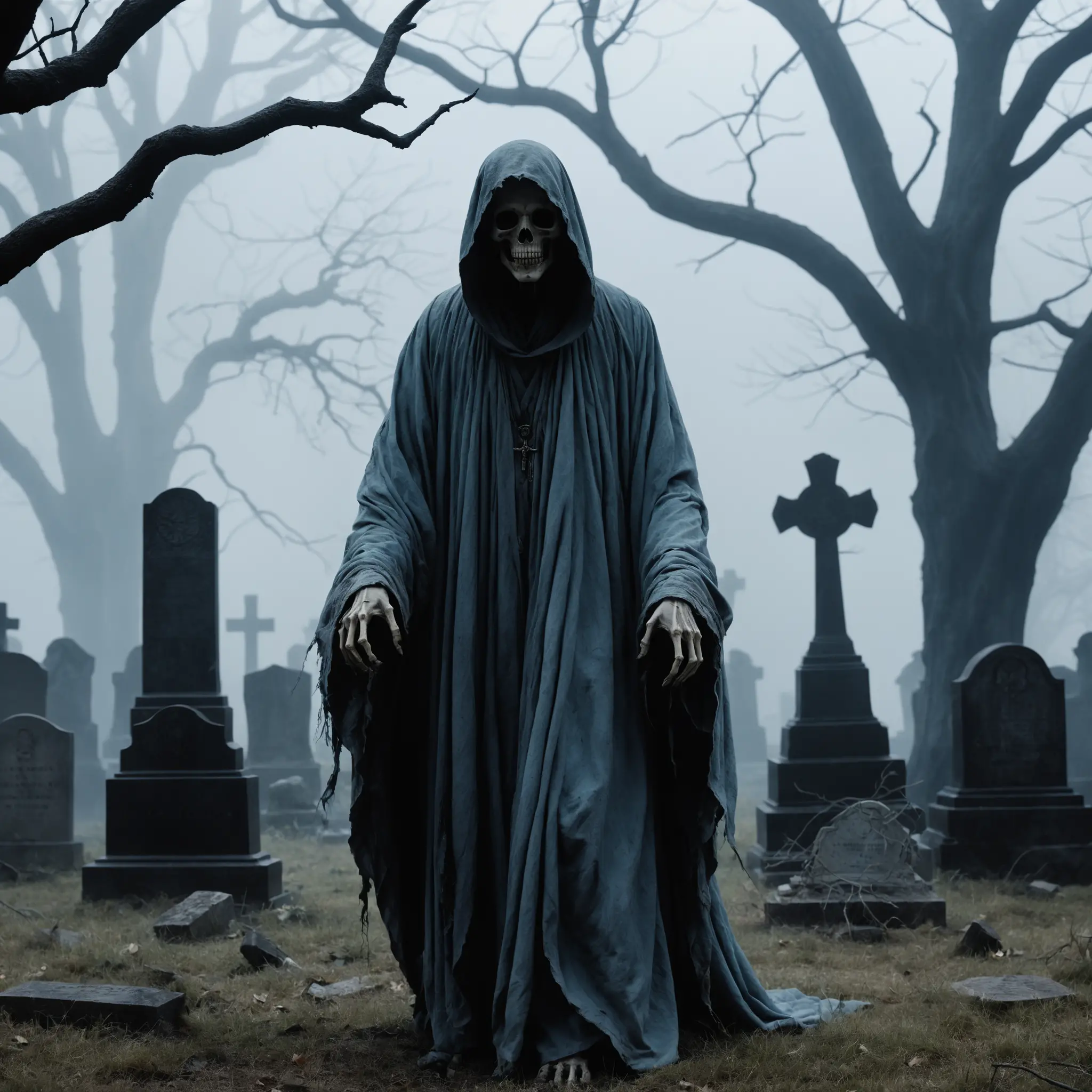 Ancient wraith in tattered robes haunting a lonely graveyard