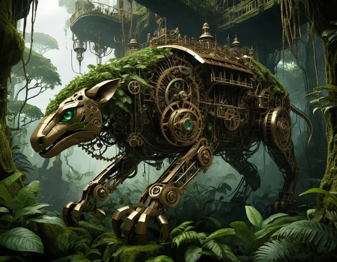 Mechanical rainforest of clockwork trees and animals