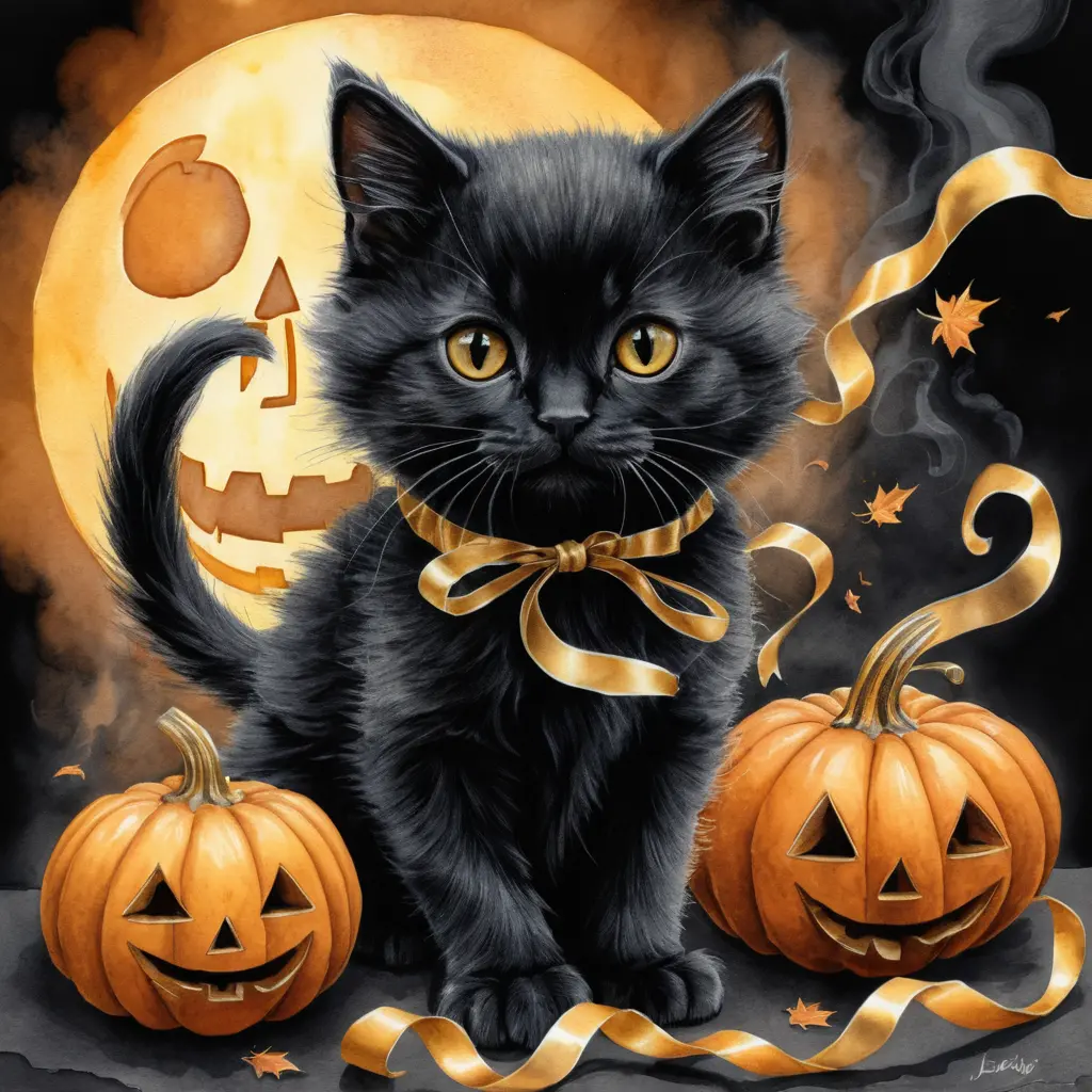 Black kitten playing with streamers beside a jack o lantern