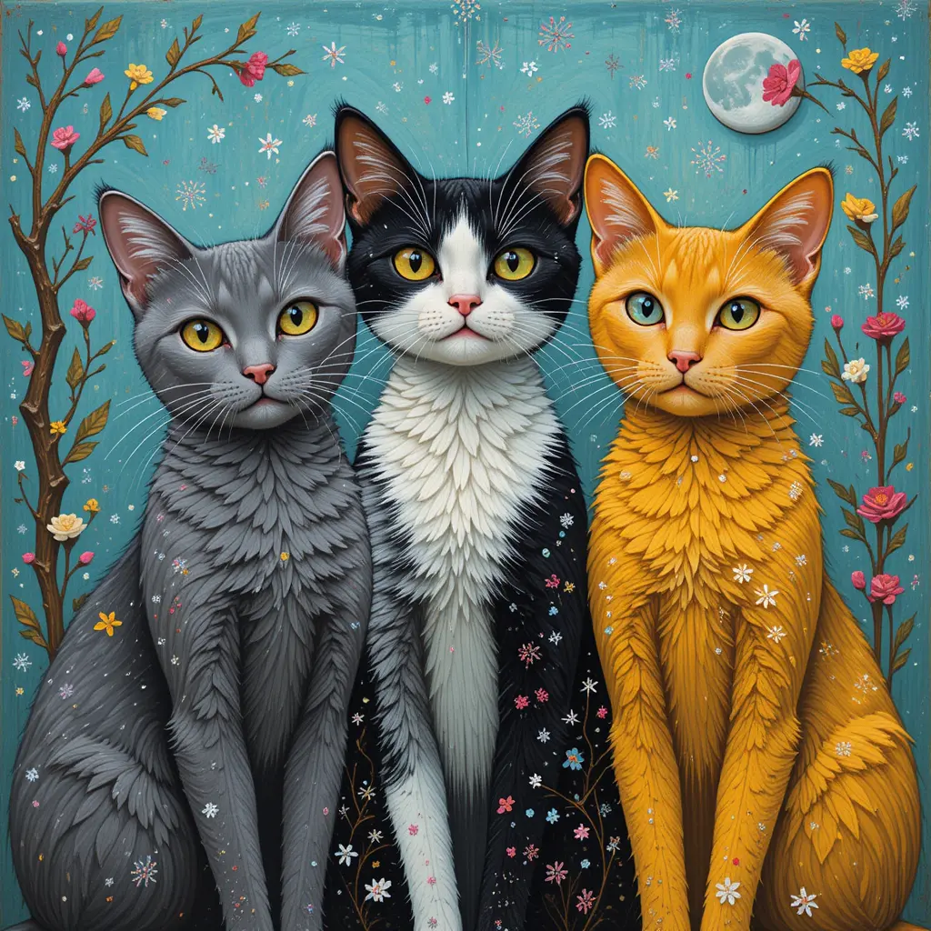 Three colorful cats standing together in winter tones