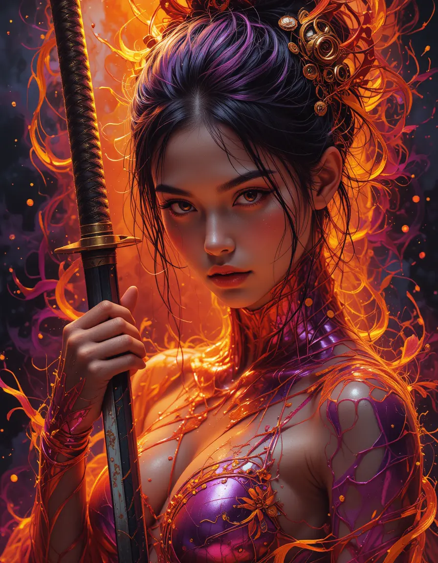 Mysterious warrior woman in vibrant digital ink painting