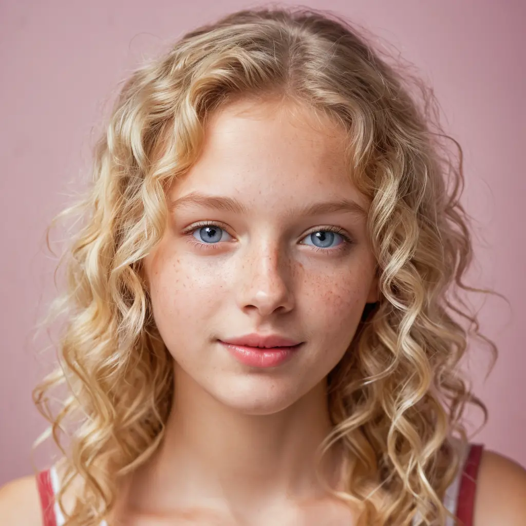 Young blonde girl with wavy hair smiling at camera