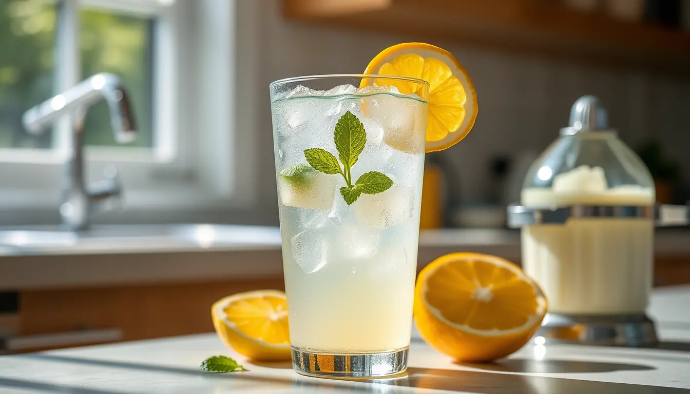 Bicchiere di limonata fredda su piano cucina soleggiato con spremiagrumi