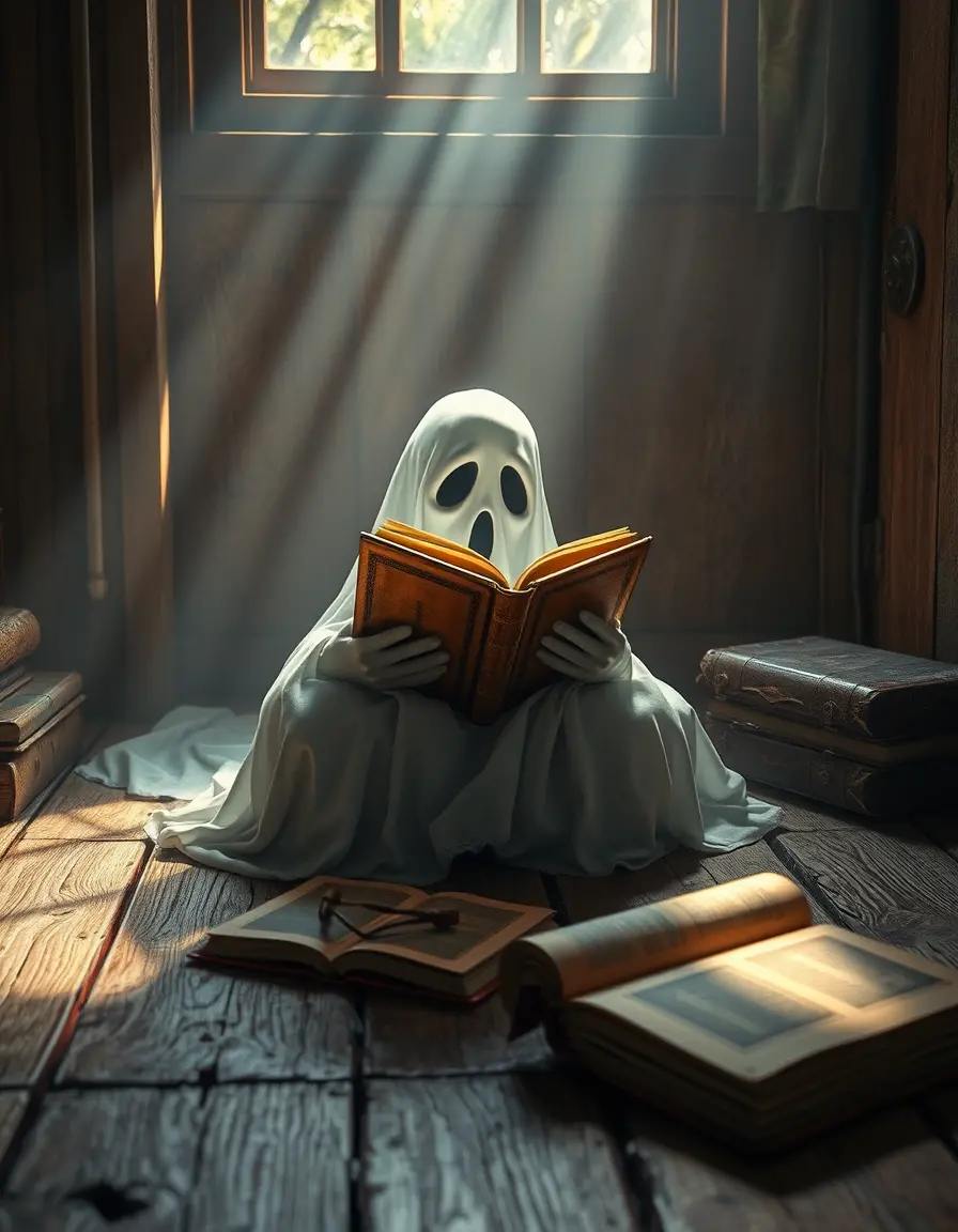 Gentle ghost reading ancient book on wooden floor
