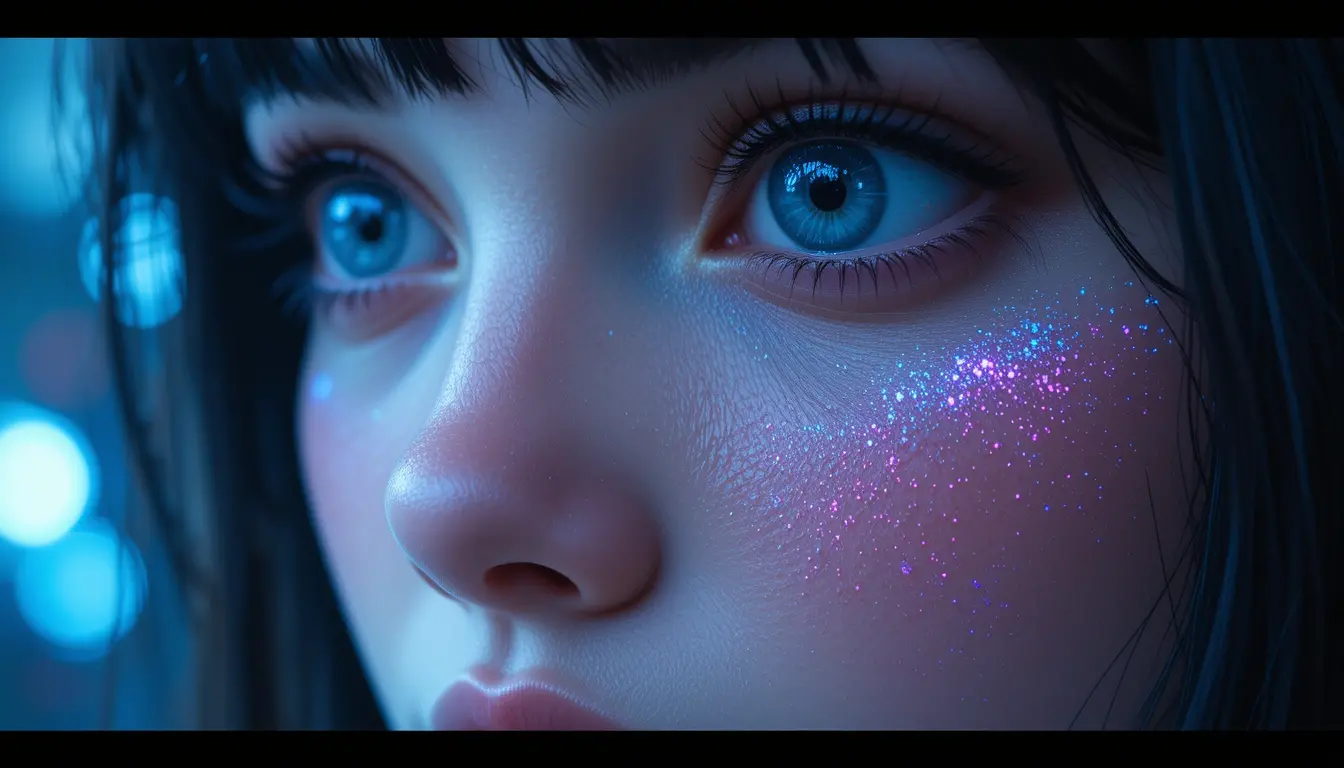 Dreamy close up portrait of a girl with blue eye