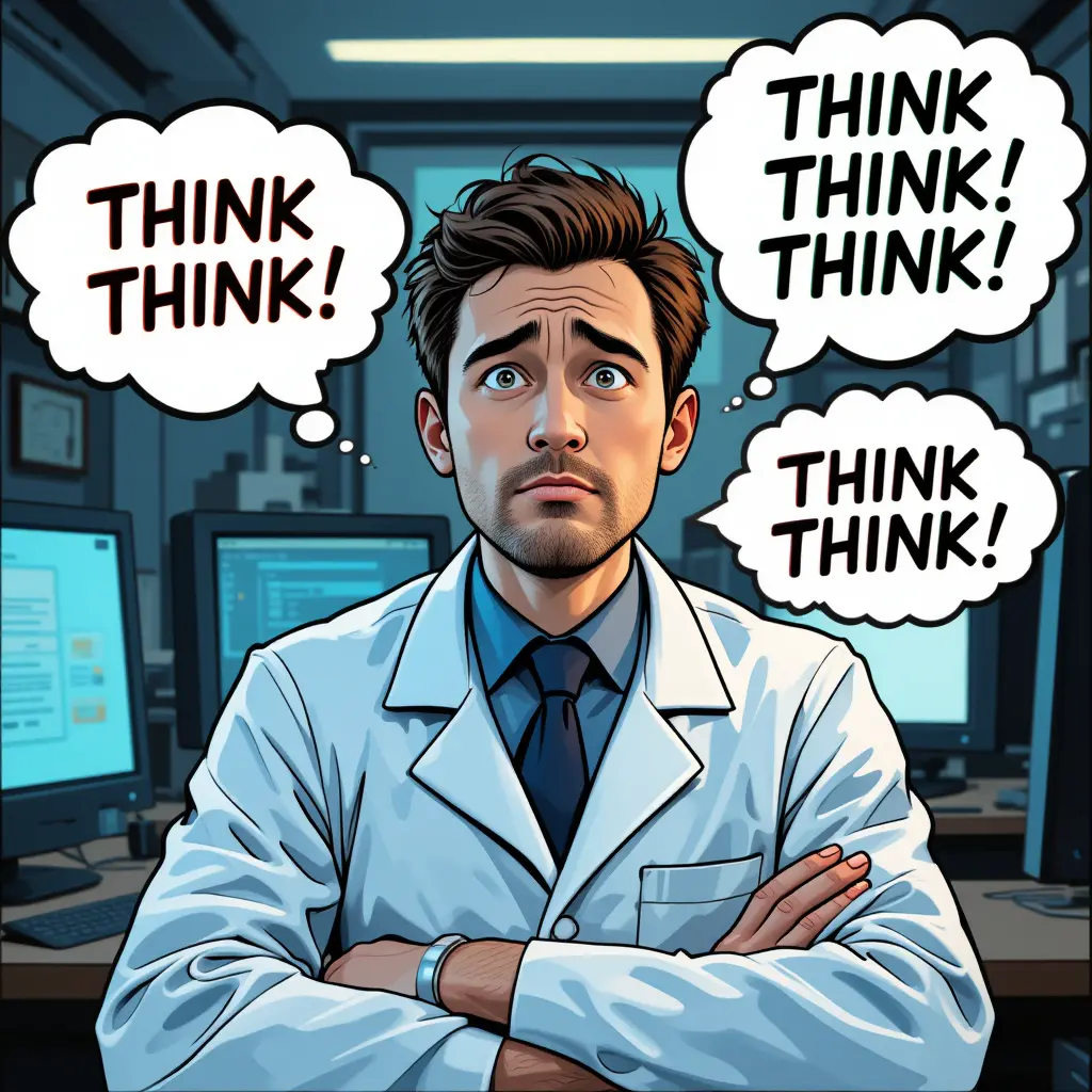 Confused man in a laboratory with think bubble text