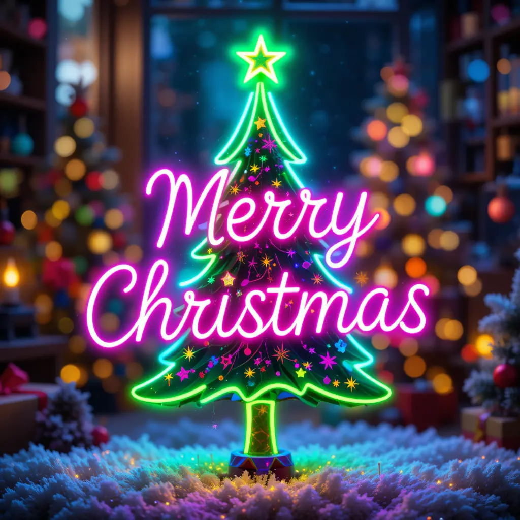 Colorful neon Christmas tree with glowing festive text