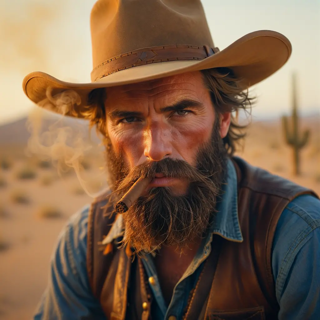 Gritty man in leather gilet smoking in dusty desert
