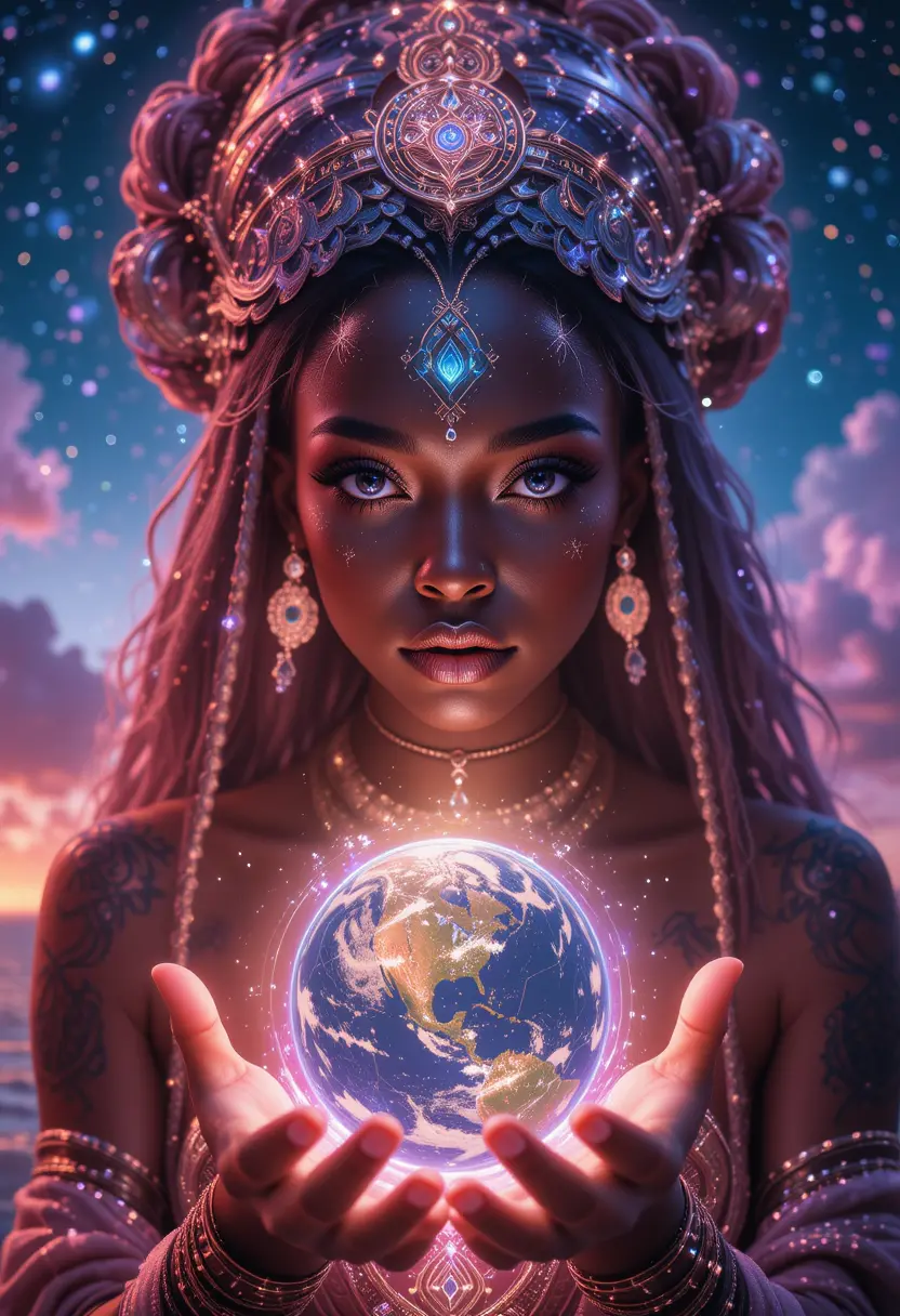 African cosmic creator woman holding the universe