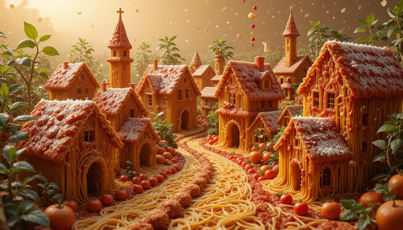 Surreal Pasta Village Of Meatballs And Spaghetti