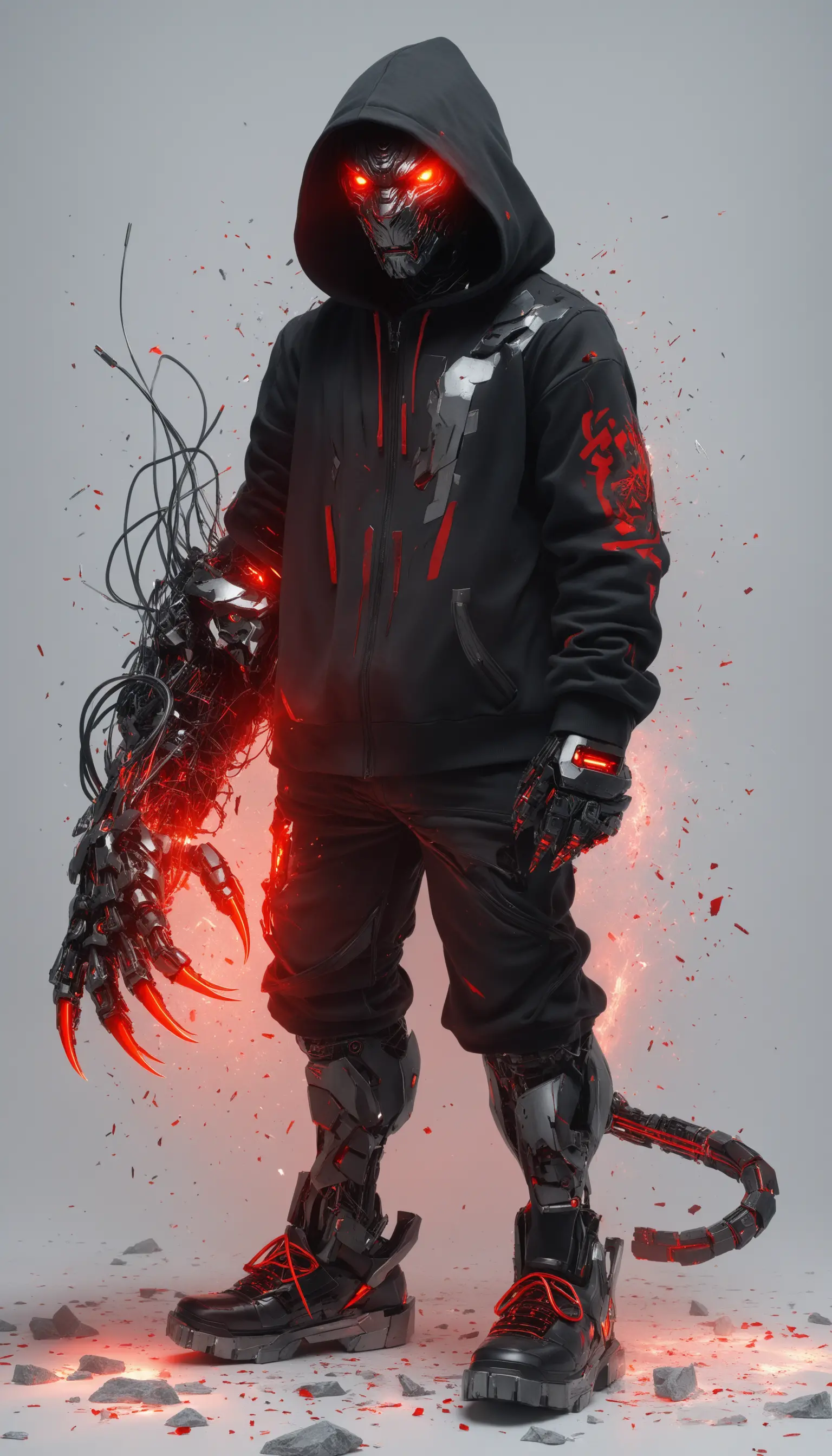 Cyborg figure with robotic tiger arm amid shattered glass