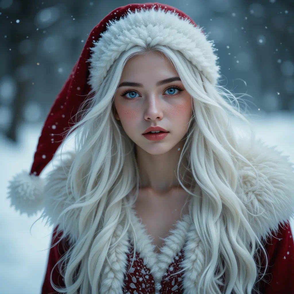Young white haired santa girl walking through snow