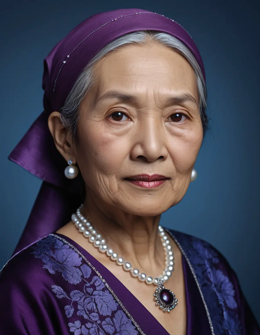 Elegant older asian woman in purple traditional portrait