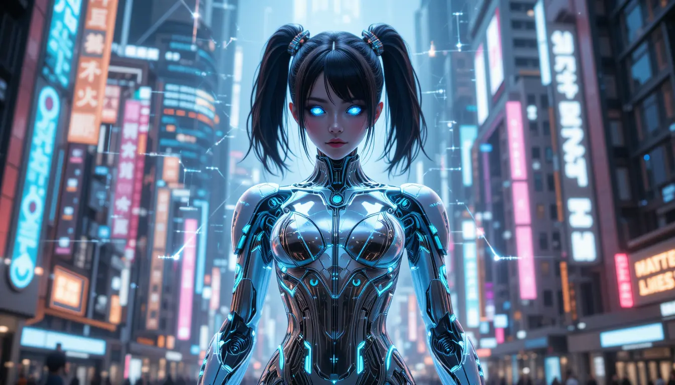 Futuristic vtuber girl in high tech exosuit avatar