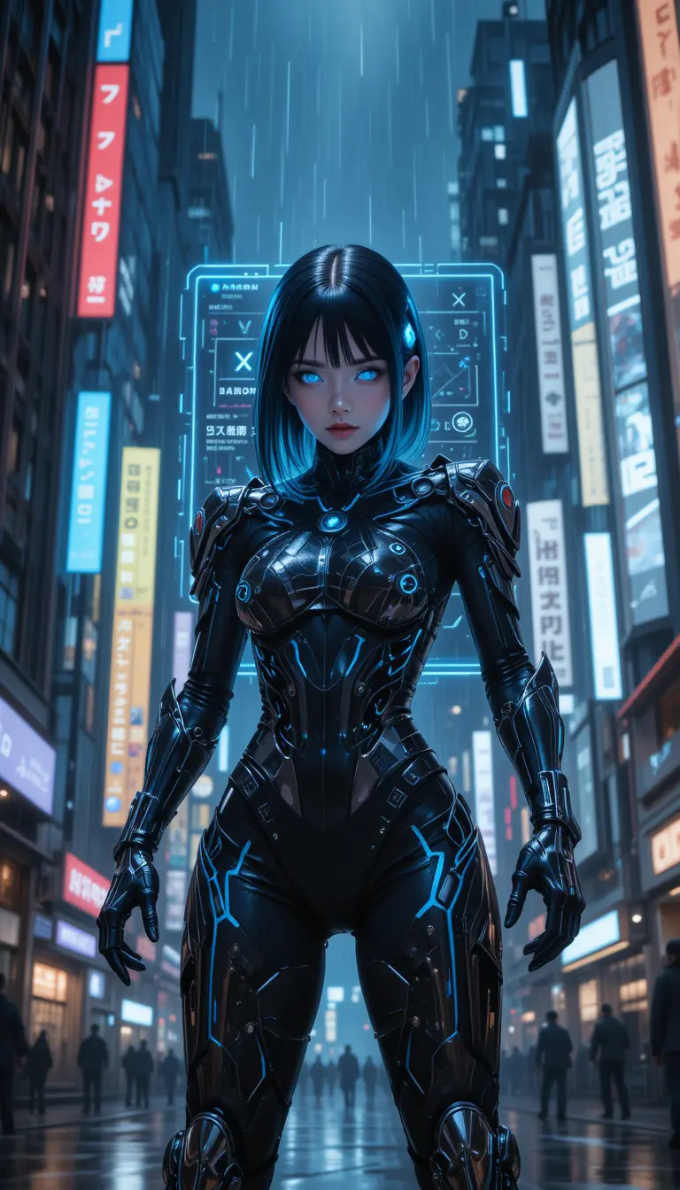 Cyberpunk exosuit vtuber girl in rainy neon city