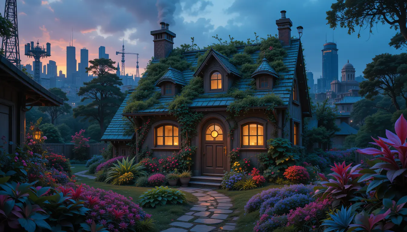 Futuristic cottage glowing with nuclear energy at dusk