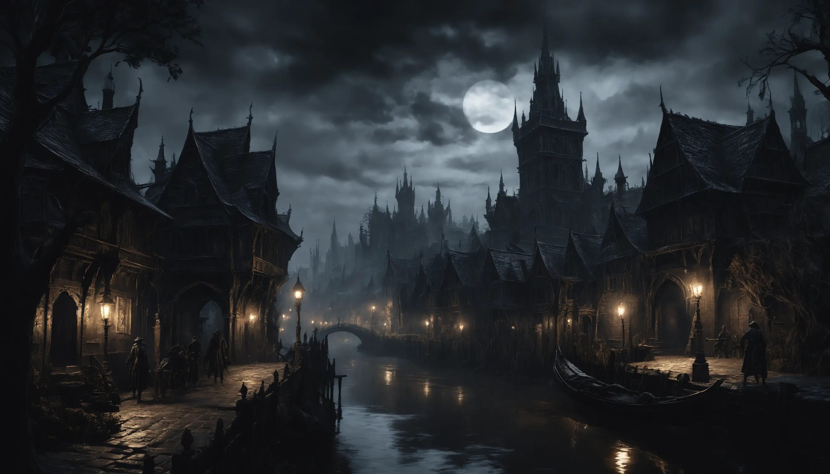 Dark fantasy city of yharnam by the river at night