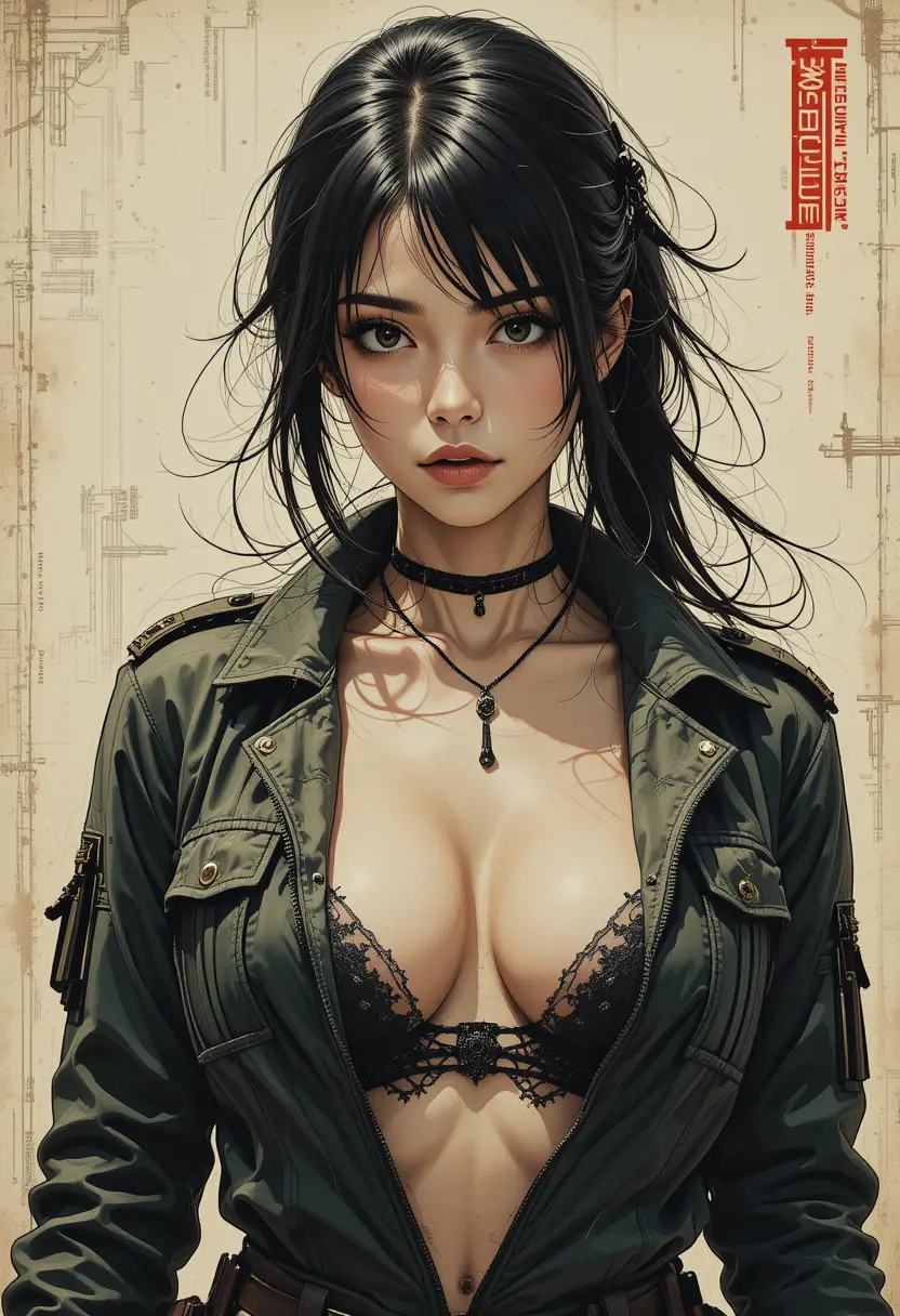 Intense female insurgent in a dark military illustration