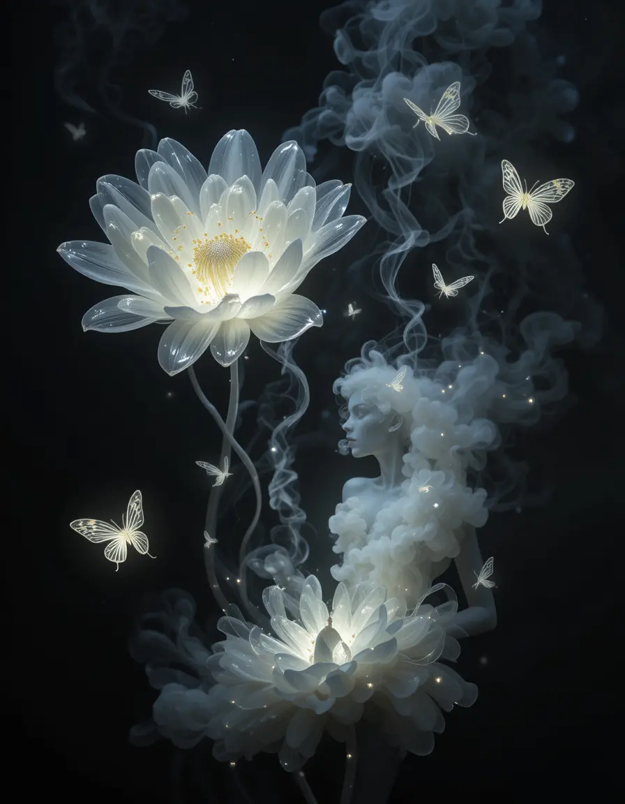 Surreal glass chrysanthemum with glowing feminine silhouette